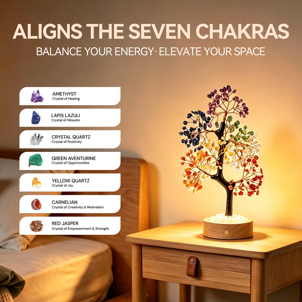 Illuminated 7 Chakra Crystal Tree + FREE 7 Chakra Bracelet | LED Light | Wealth & Healing