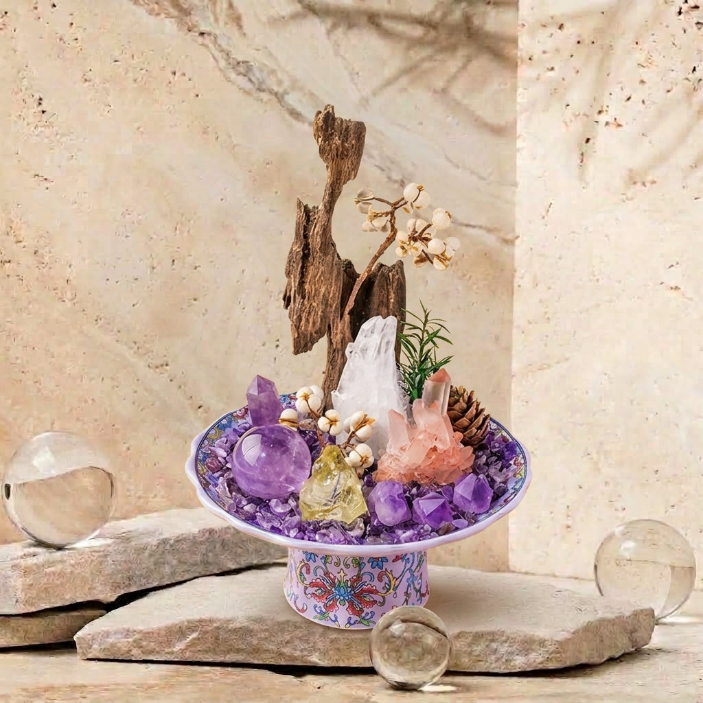 Amethyst Crystal Bowl | Intuition & Inner Peace | Driftwood & White Quartz