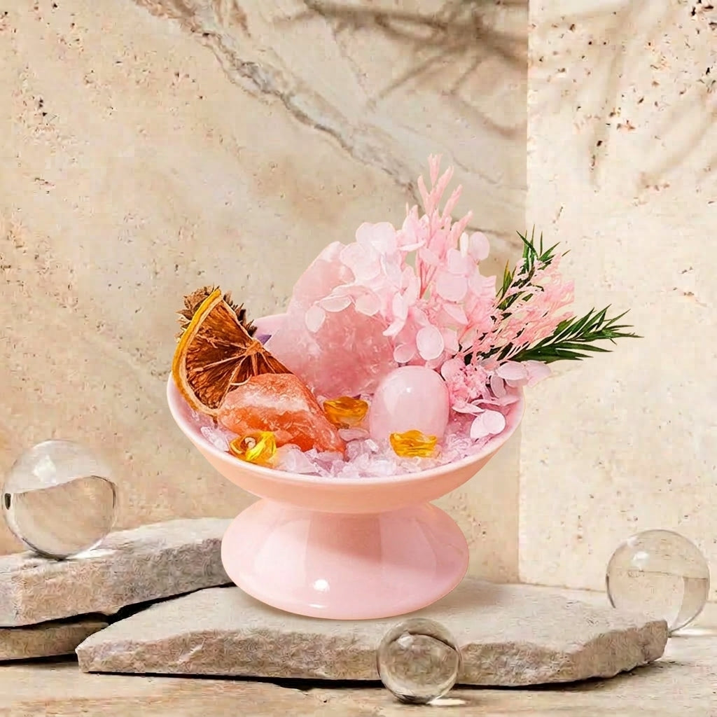 Rose Quartz Crystal Bowl | Love & Self-Care | Pink Salt & Florals