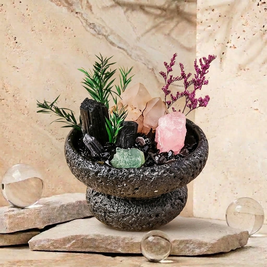 Black Tourmaline & Rose Quartz Crystal Bowl | Protection & Softness