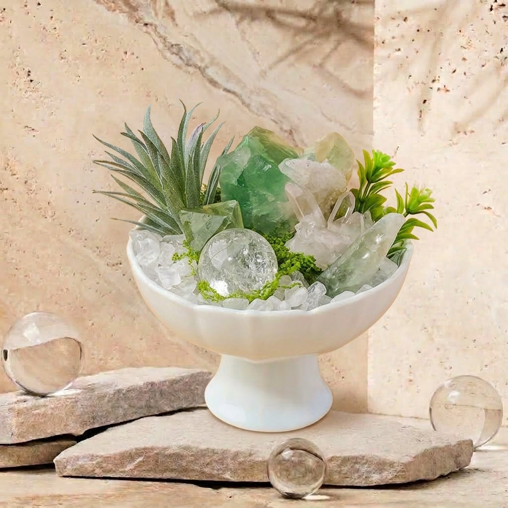 Green Fluorite Crystal Bowl | Mental Clarity & Focus | White Quartz