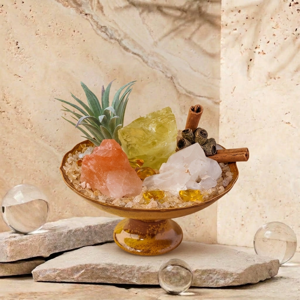 Citrine Abundance Bowl with Pink Salt & White Quartz | Prosperity