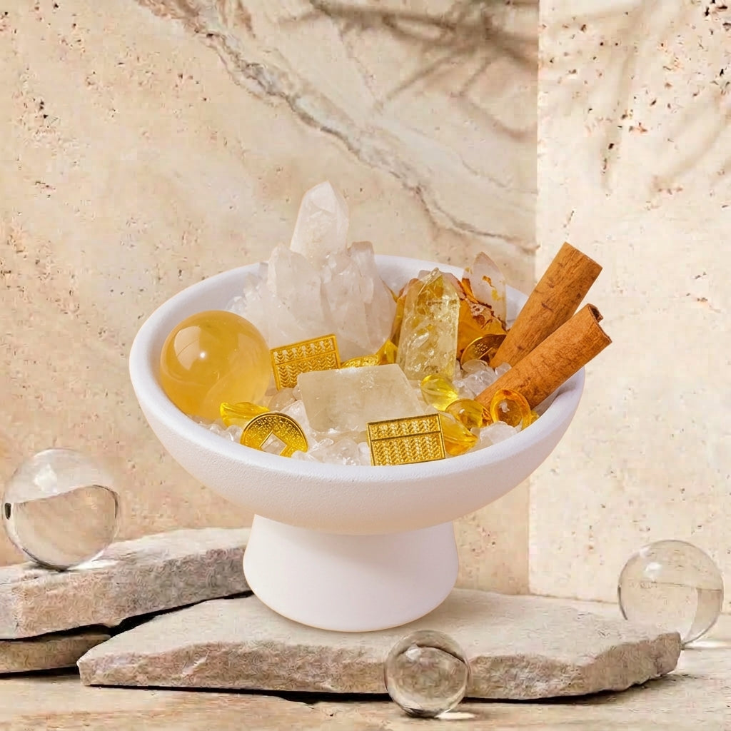 Crystal Abundance Bowl with White Quartz & Ingots | Prosperity