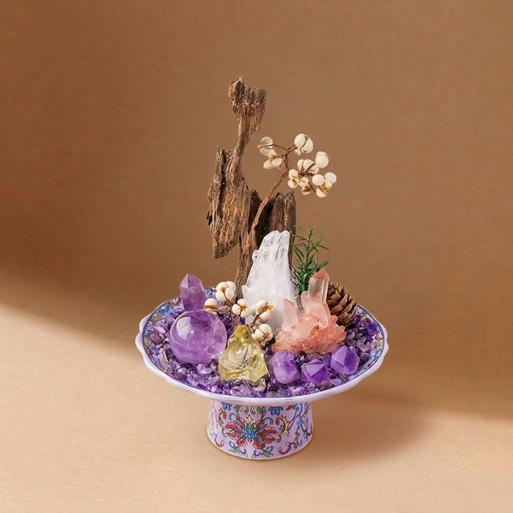 Amethyst Crystal Bowl | Intuition & Inner Peace | Driftwood & White Quartz