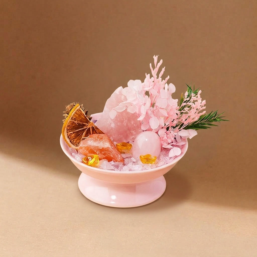 Rose Quartz Crystal Bowl | Love & Self-Care | Pink Salt & Florals