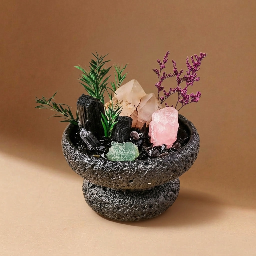Black Tourmaline & Rose Quartz Crystal Bowl | Protection & Softness