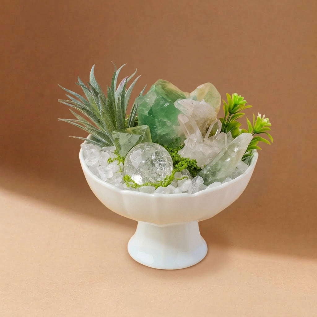 Green Fluorite Crystal Bowl | Mental Clarity & Focus | White Quartz