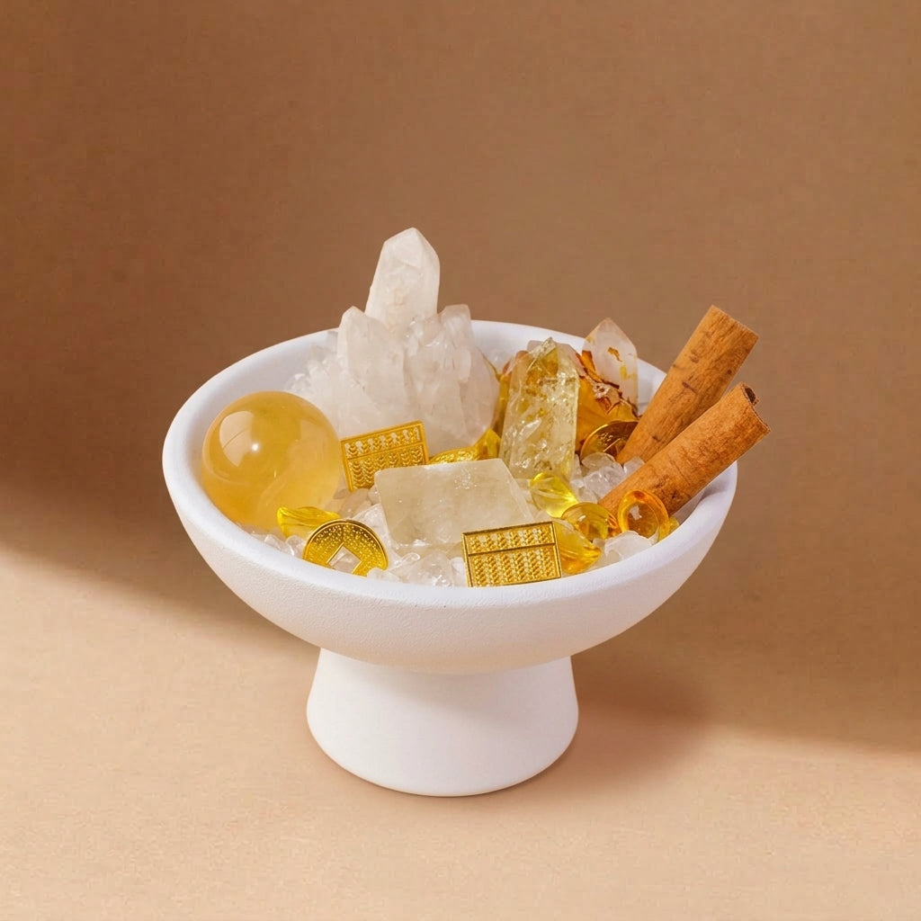 Crystal Abundance Bowl with White Quartz & Ingots | Prosperity
