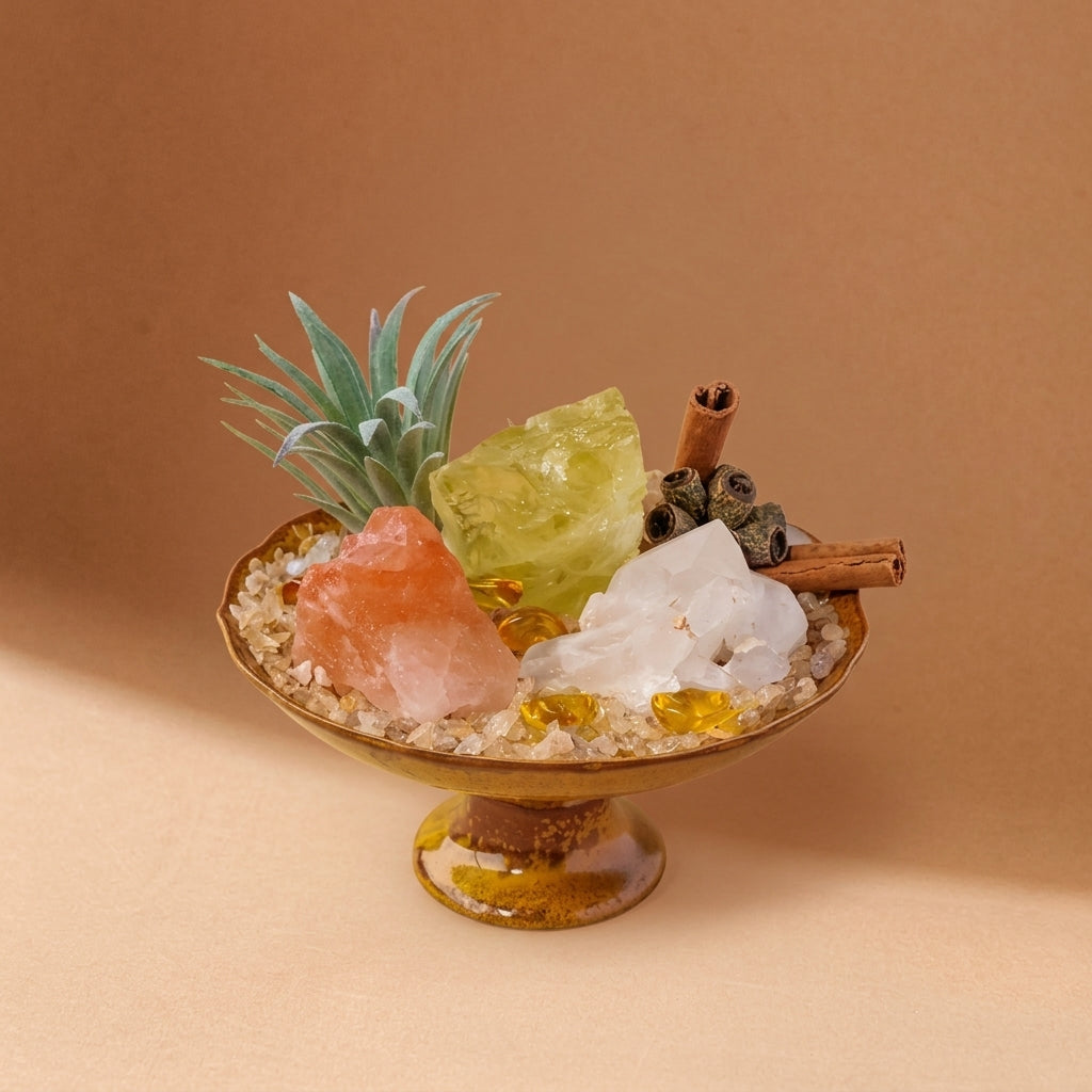 Citrine Abundance Bowl with Pink Salt & White Quartz | Prosperity