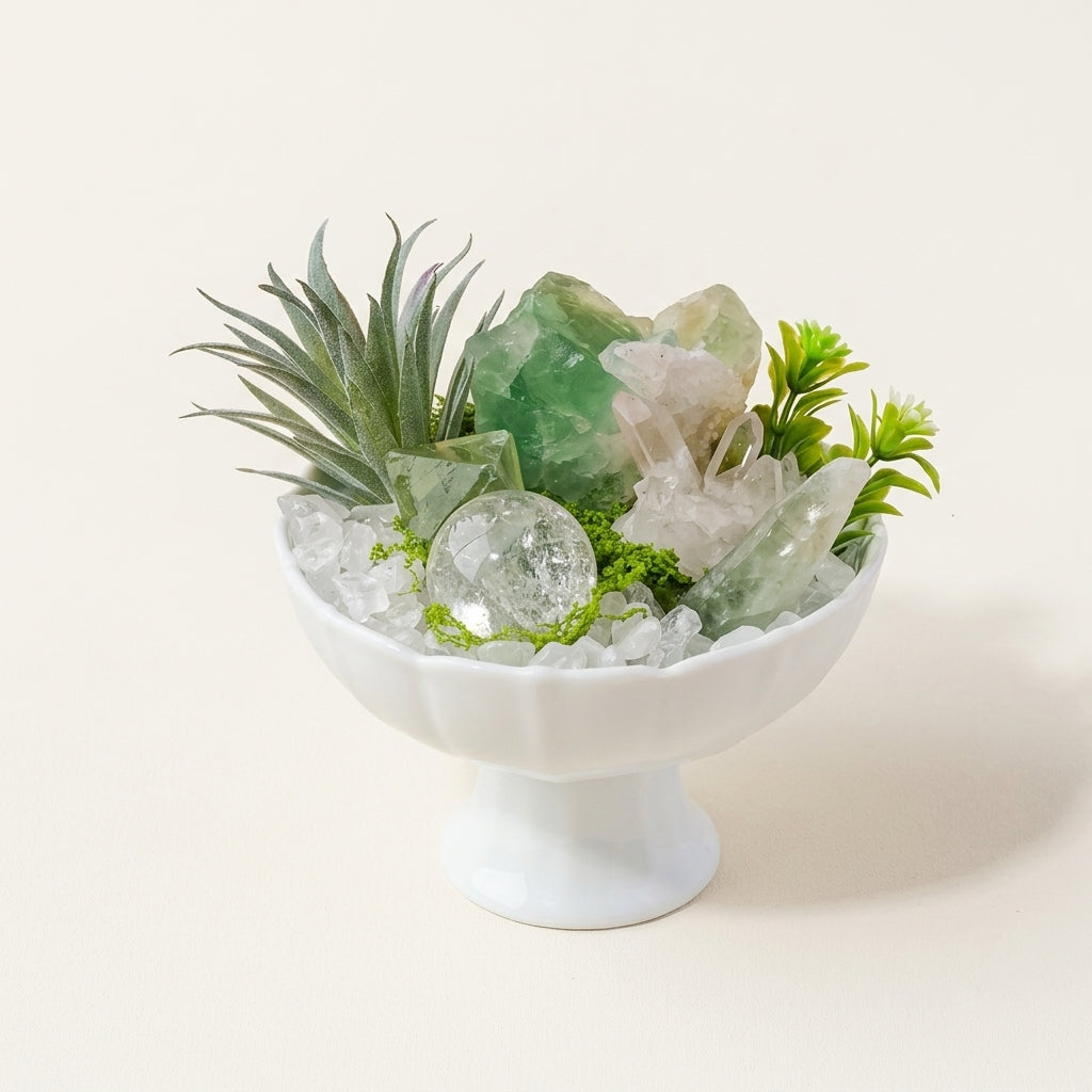 Green Fluorite Crystal Bowl | Mental Clarity & Focus | White Quartz