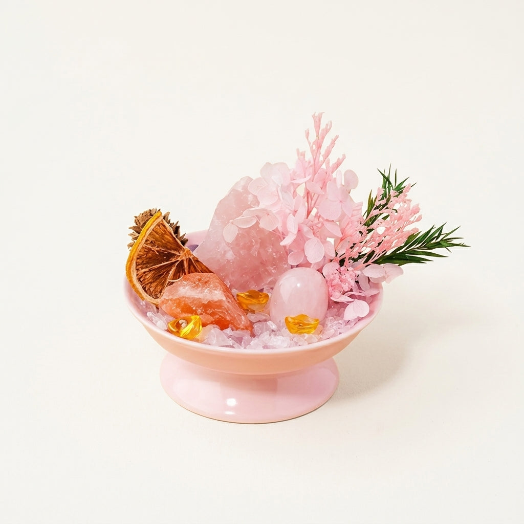 Rose Quartz Crystal Bowl | Love & Self-Care | Pink Salt & Florals