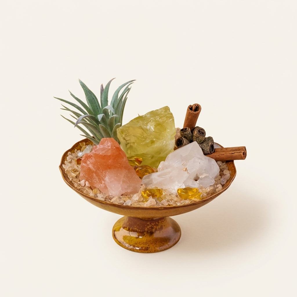 Citrine Abundance Bowl with Pink Salt & White Quartz | Prosperity