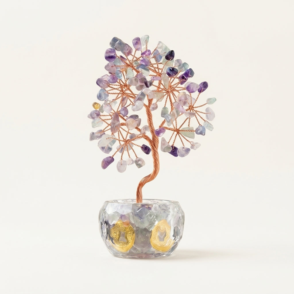 Natural Rainbow Fluorite Crystal Tree with Lucky Coin | Third Eye Chakra
