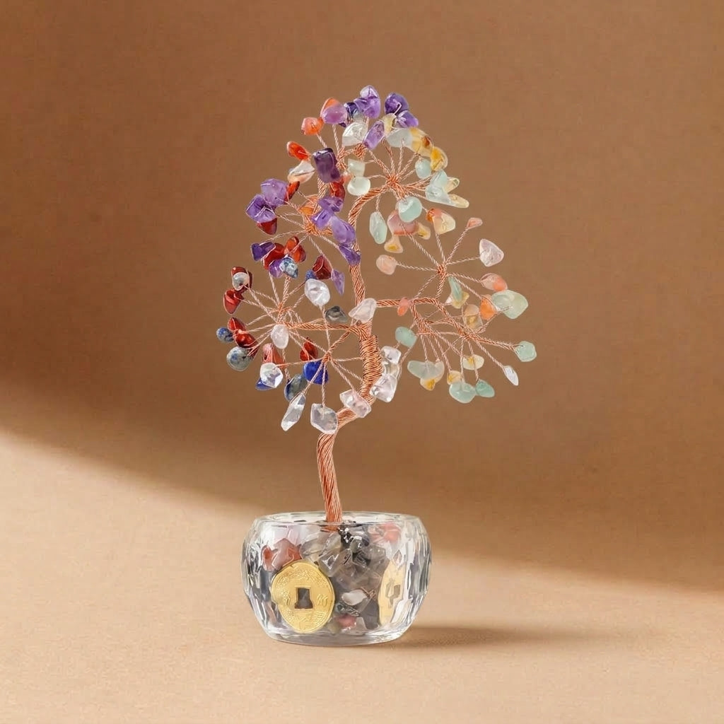 Natural Rainbow Fluorite Crystal Tree with Lucky Coin | Third Eye Chakra