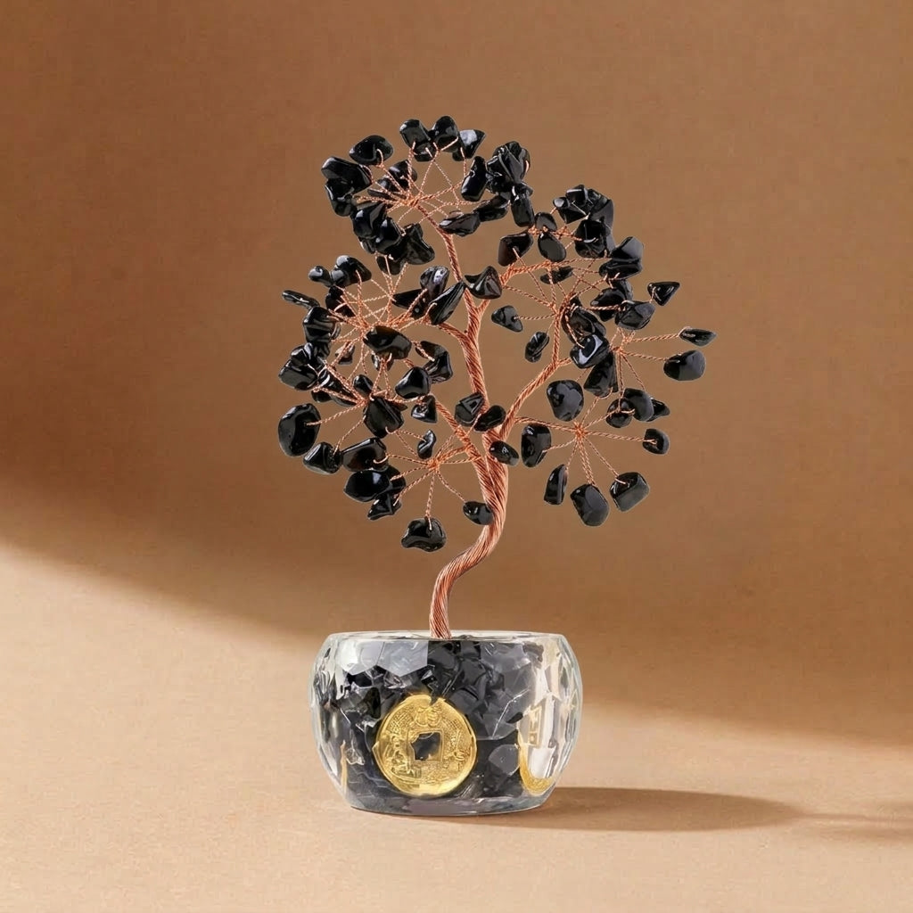 Natural Black Obsidian Crystal Tree with Lucky Coin | Root Chakra