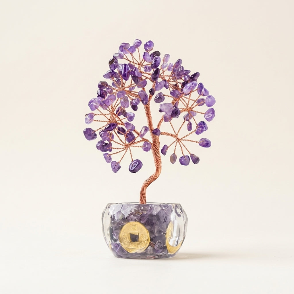 Natural Amethyst Crystal Tree with Lucky Coin | Third Eye Chakra