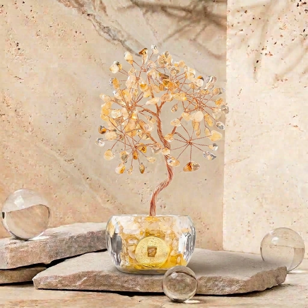 Natural Citrine Crystal Tree with Lucky Coin | Solar Plexus Chakra