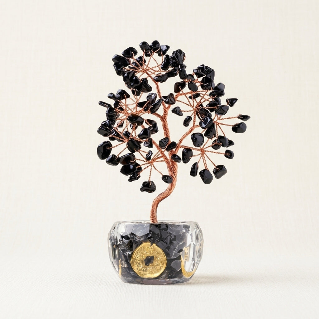 Natural Black Obsidian Crystal Tree with Lucky Coin | Root Chakra