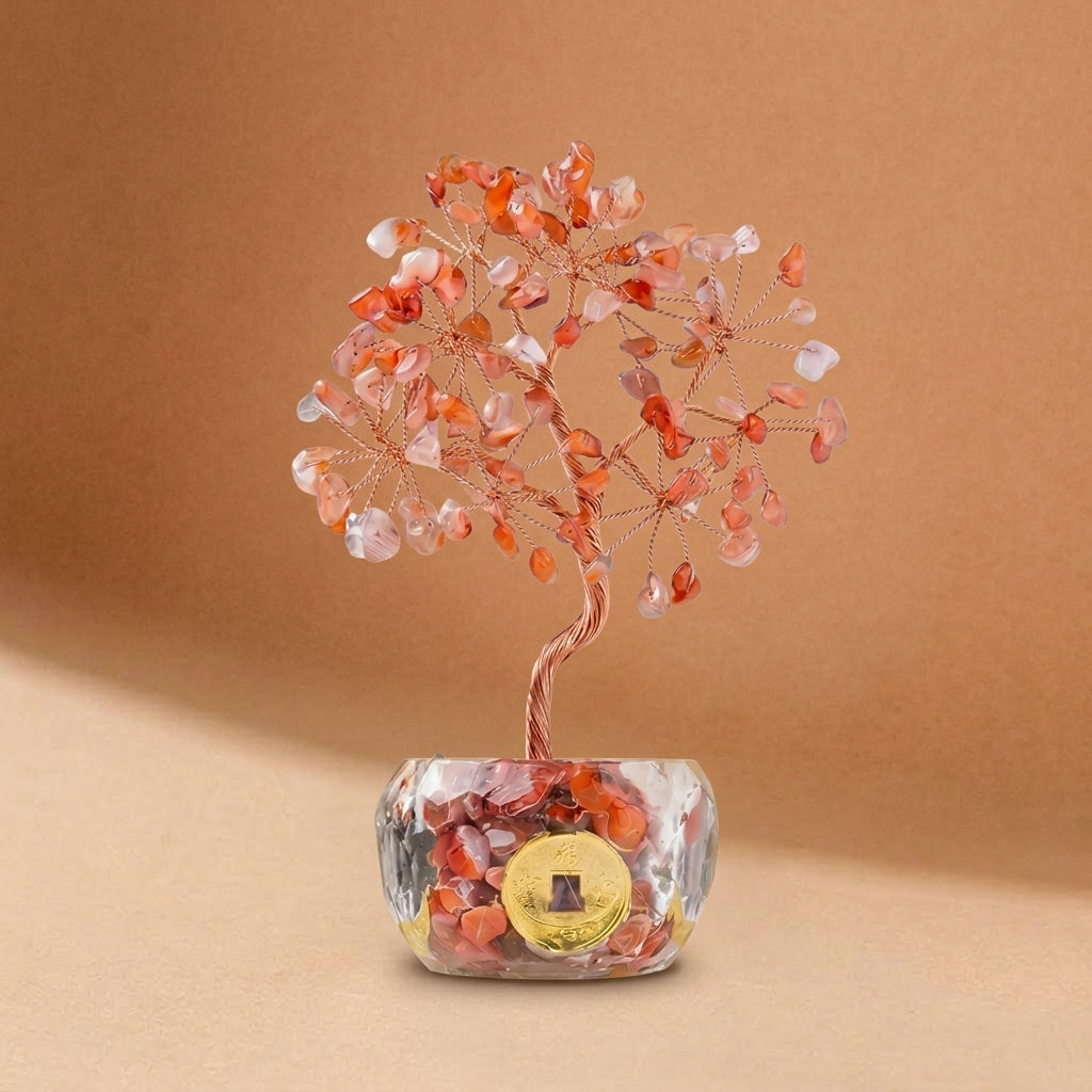 Natural Red Agate Crystal Tree with Lucky Coin | Root Chakra