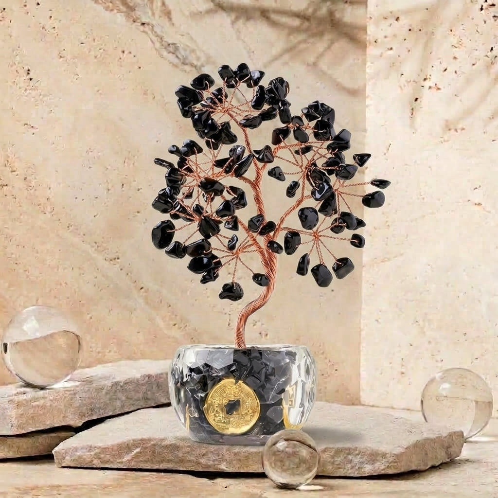 Natural Black Obsidian Crystal Tree with Lucky Coin | Root Chakra