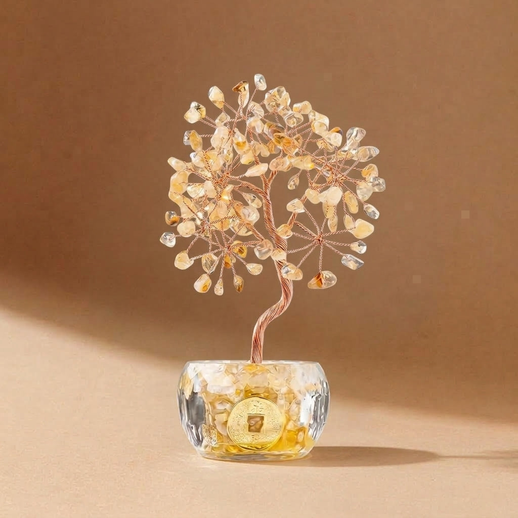 Natural Citrine Crystal Tree with Lucky Coin | Solar Plexus Chakra