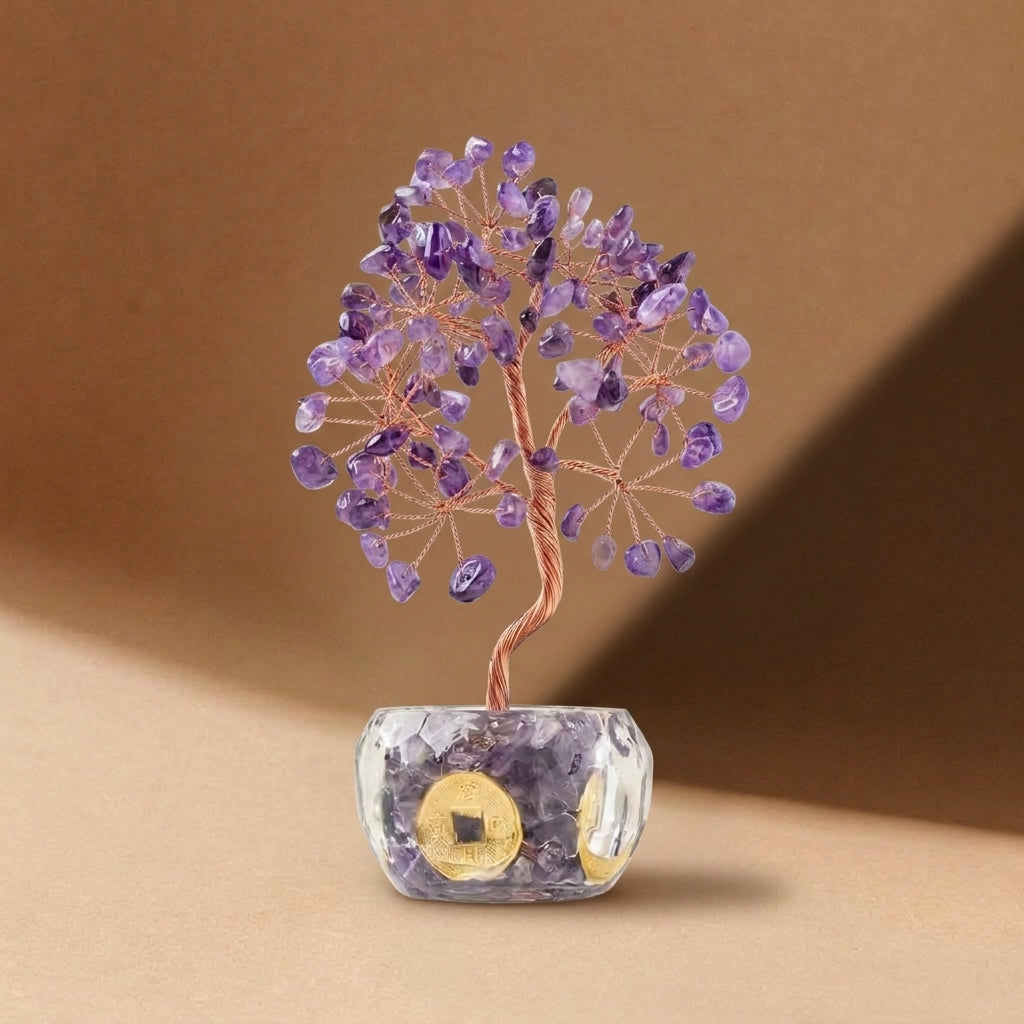 Natural Amethyst Crystal Tree with Lucky Coin | Third Eye Chakra