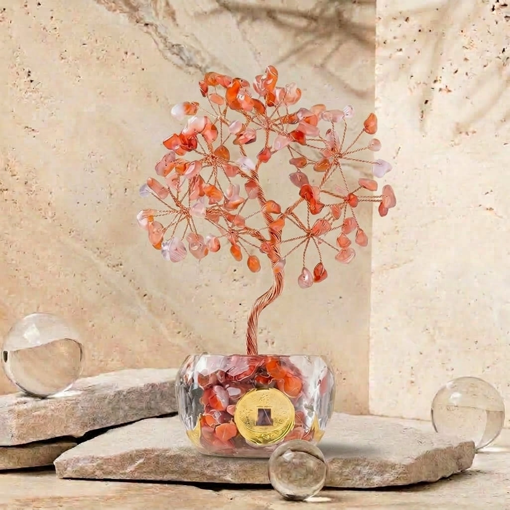Natural Red Agate Crystal Tree with Lucky Coin | Root Chakra