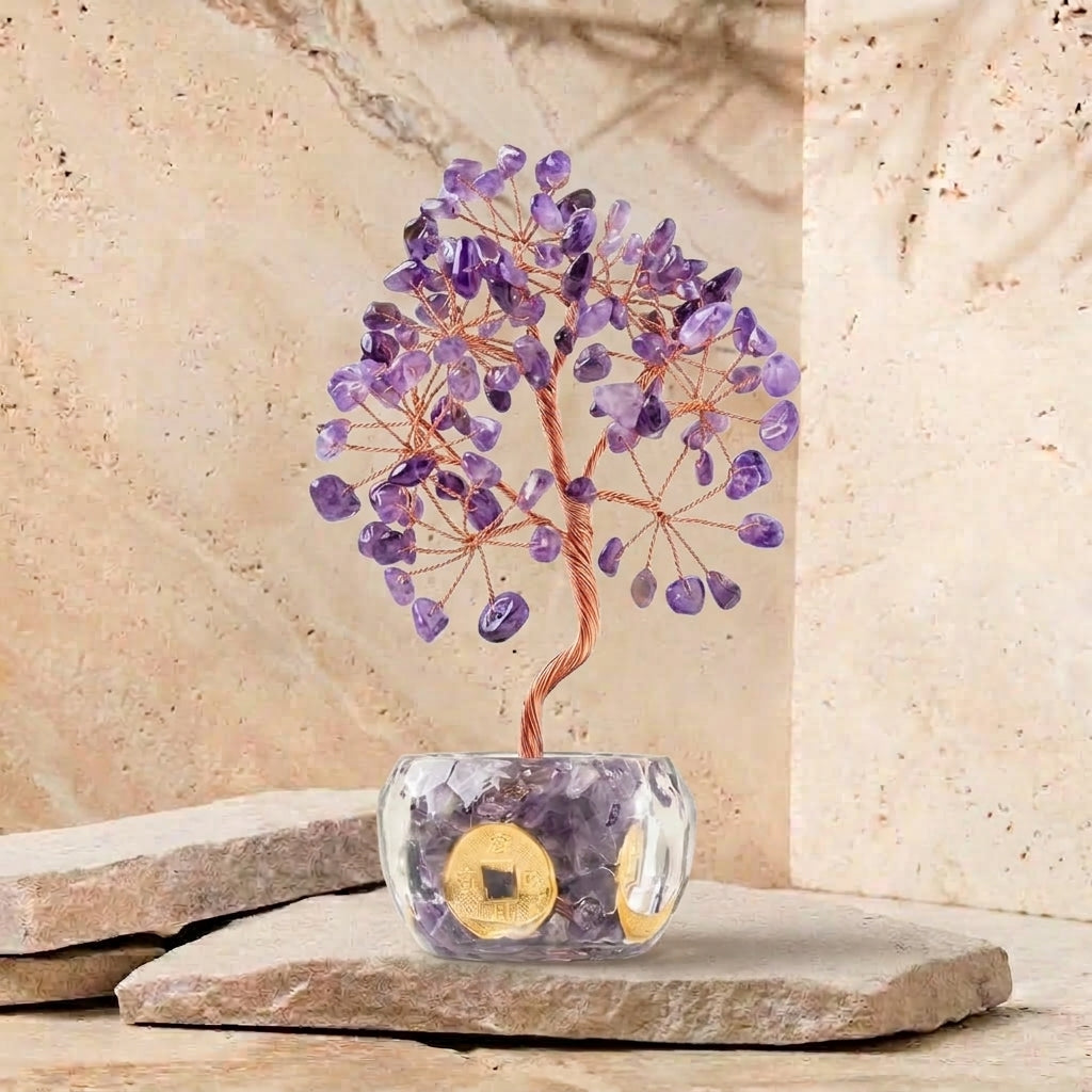 Natural Amethyst Crystal Tree with Lucky Coin | Third Eye Chakra