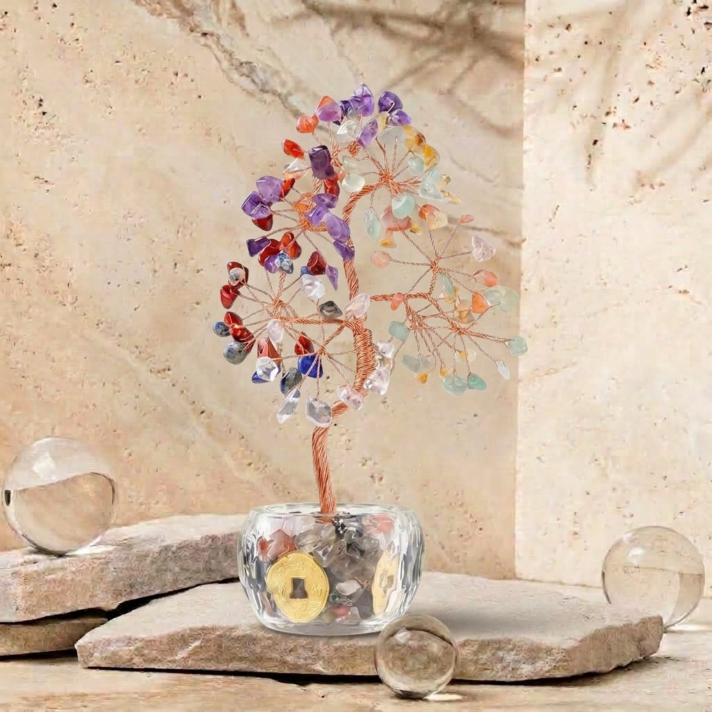 Natural Rainbow Fluorite Crystal Tree with Lucky Coin | Third Eye Chakra