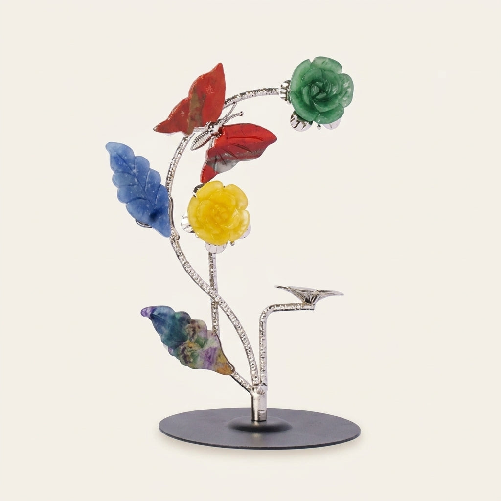 Carved Gemstone Flower Sculpture | Agate & Quartz Art Piece