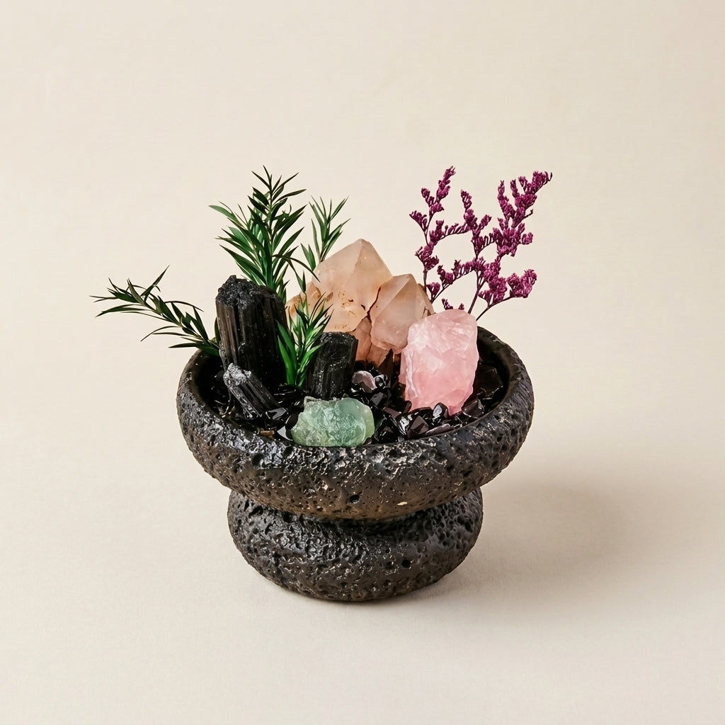 Black Tourmaline & Rose Quartz Crystal Bowl | Protection & Softness