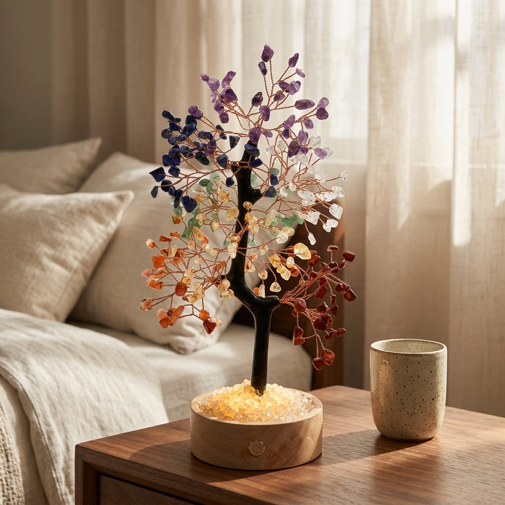 Illuminated 7 Chakra Crystal Tree + FREE 7 Chakra Bracelet | LED Light | Wealth & Healing
