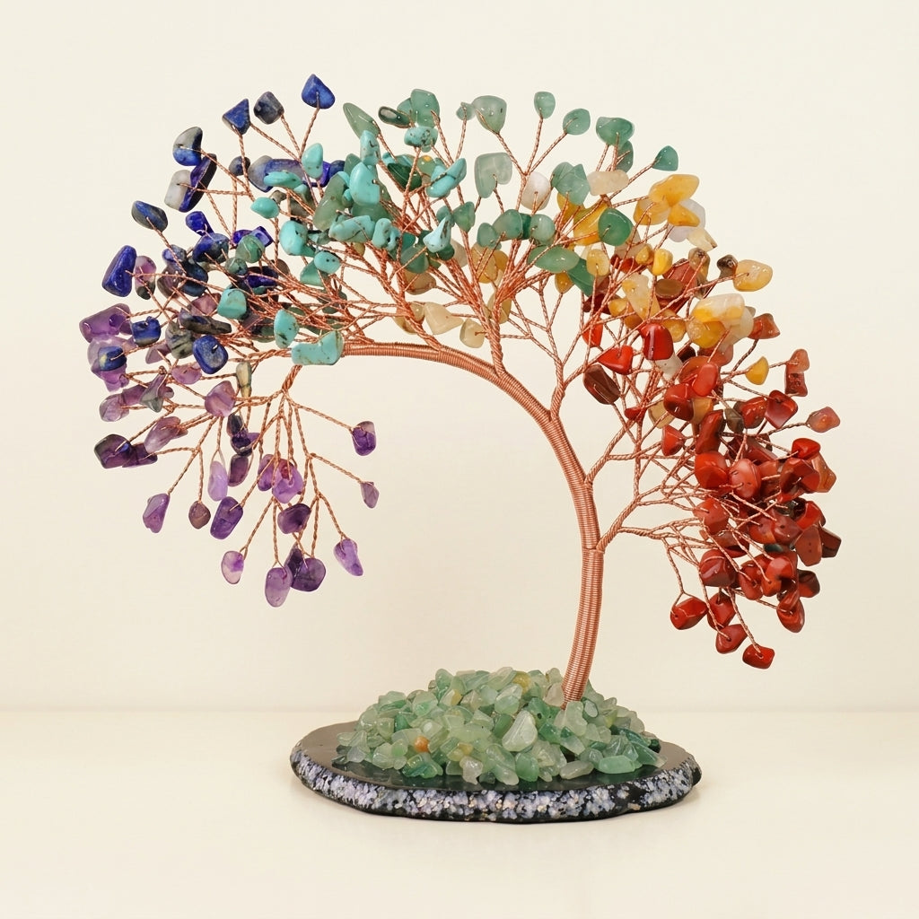 Large 7 Chakra Crystal Tree with Agate Base | 294 Stones | Wealth & Healing