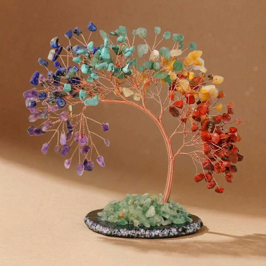 Large 7 Chakra Crystal Tree with Agate Base | 294 Stones | Wealth & Healing