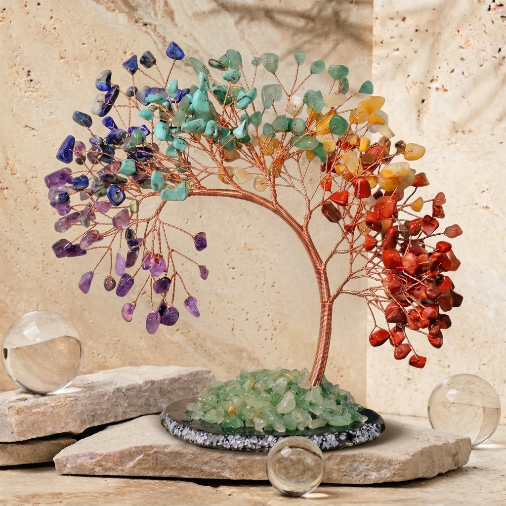 Large 7 Chakra Crystal Tree with Agate Base | 294 Stones | Wealth & Healing