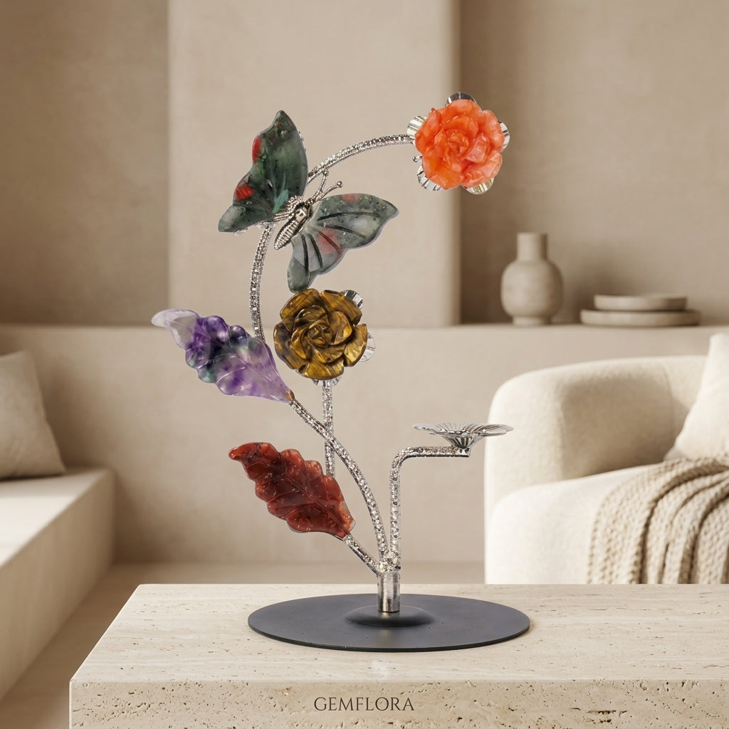 Handcrafted Gemstone Flower Branch | Agate & Crystal Sculpture