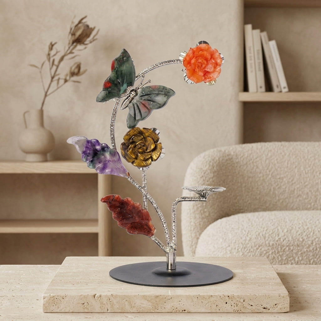 Handcrafted Gemstone Flower Branch | Agate & Crystal Sculpture