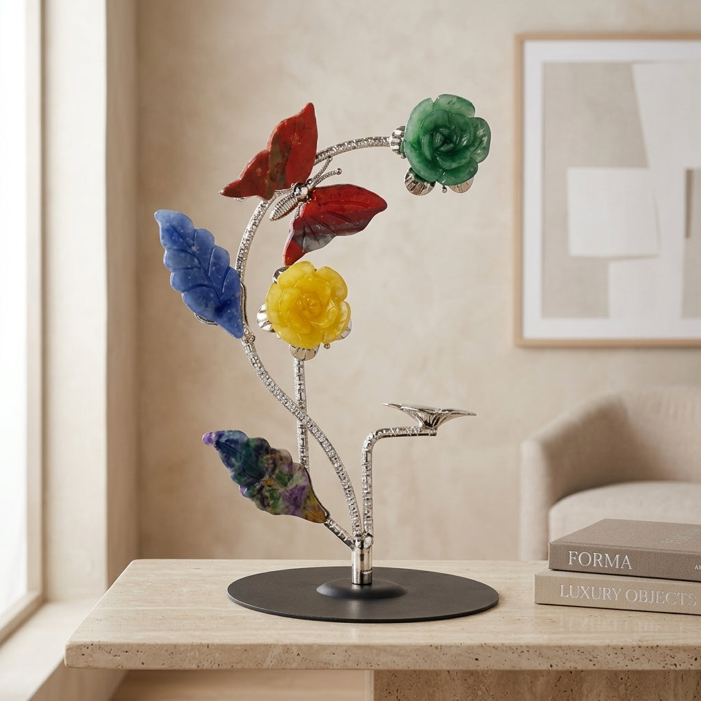 Carved Gemstone Flower Sculpture | Agate & Quartz Art Piece
