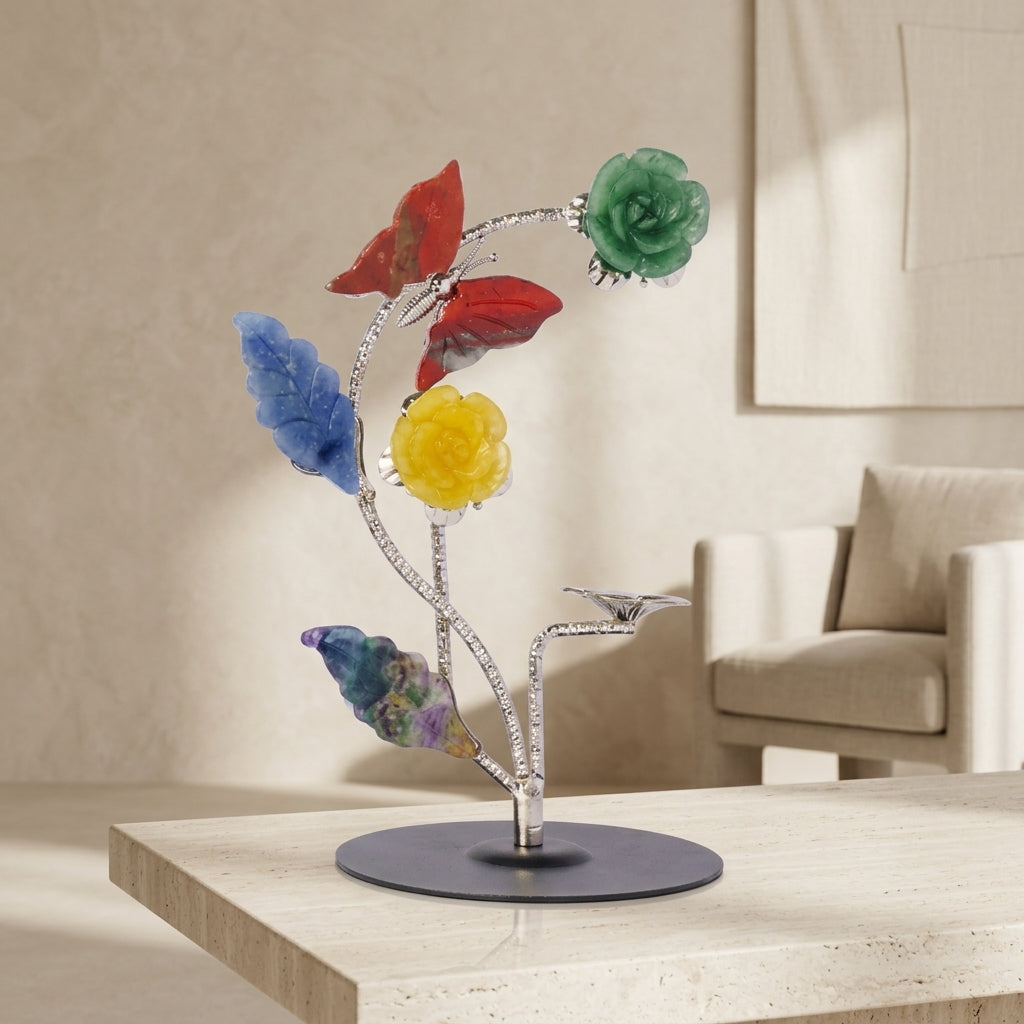 Carved Gemstone Flower Sculpture | Agate & Quartz Art Piece