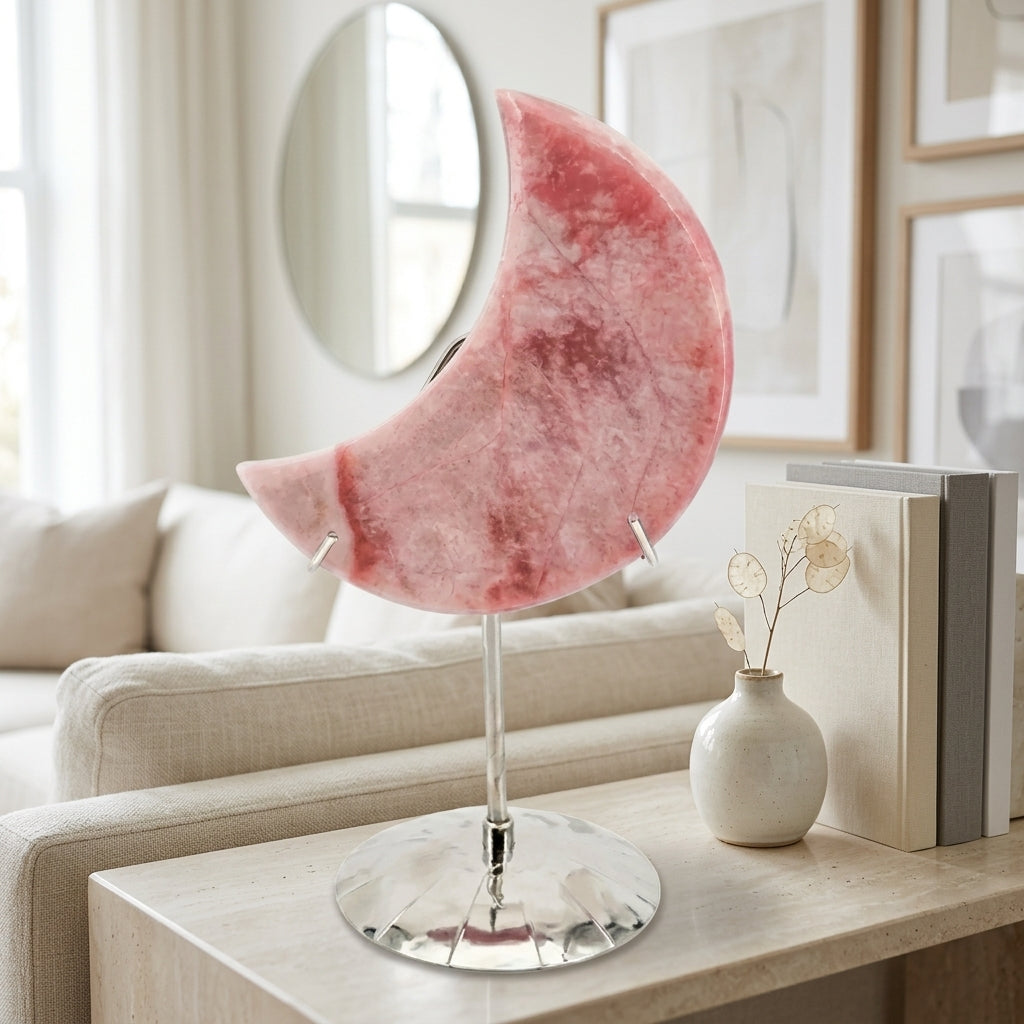 Pink Opal Moon Sculpture | Raw Stone Home Decor