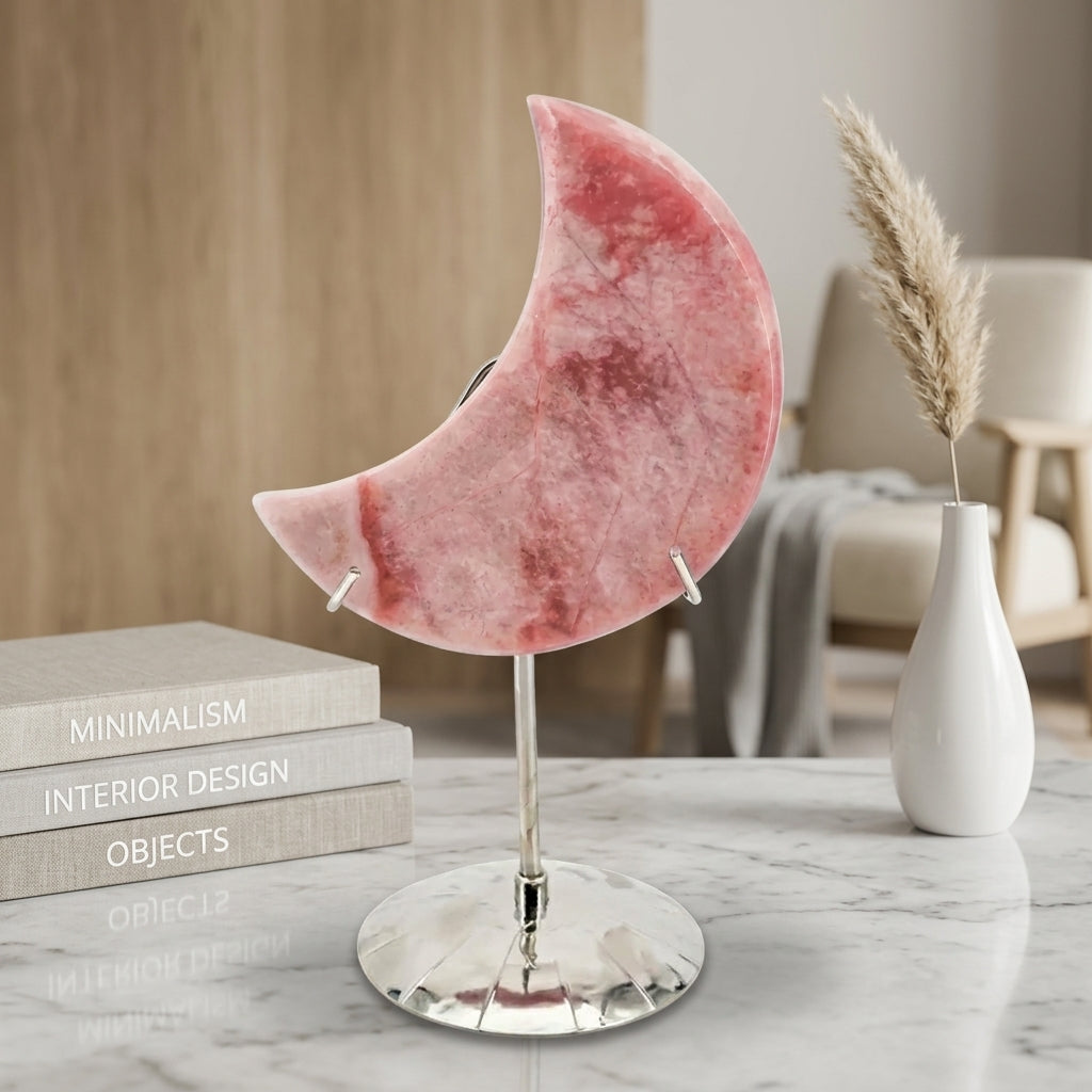 Pink Opal Moon Sculpture | Raw Stone Home Decor