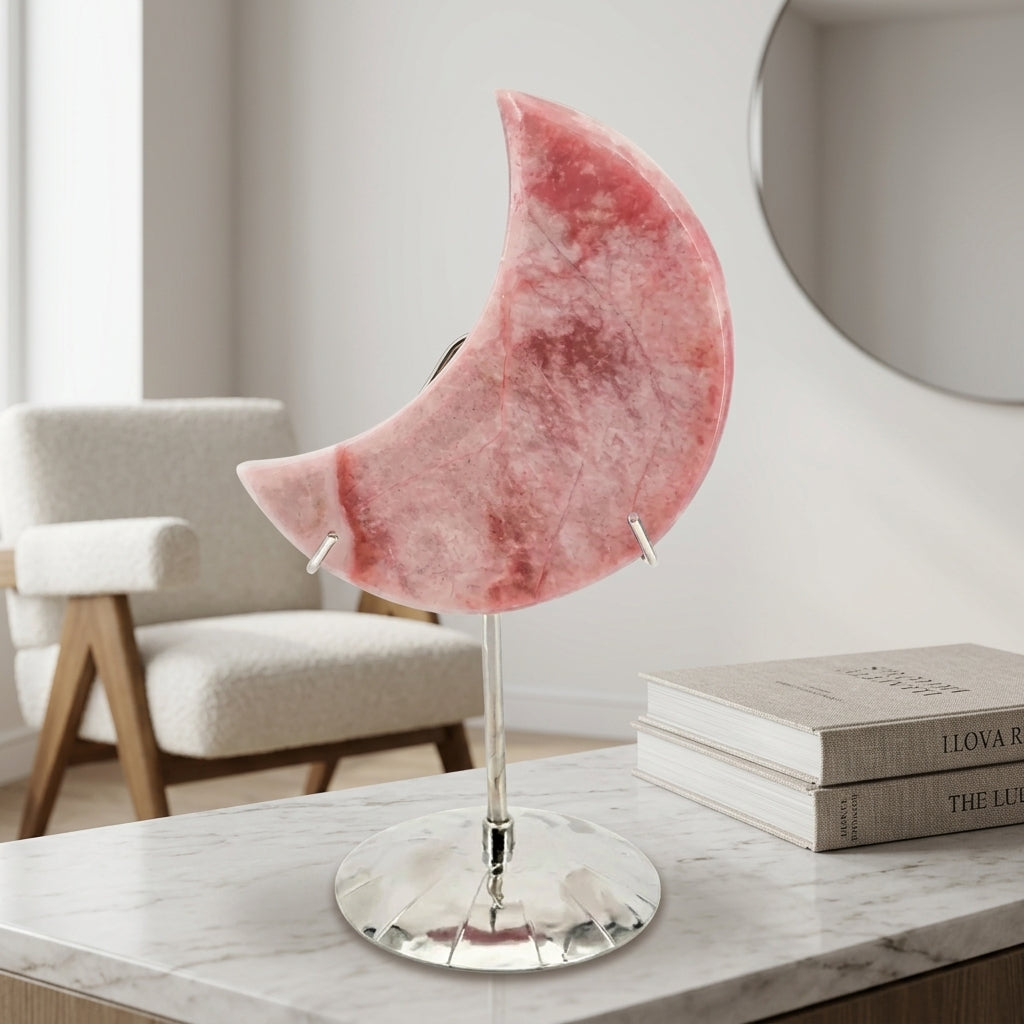 Pink Opal Moon Sculpture | Raw Stone Home Decor
