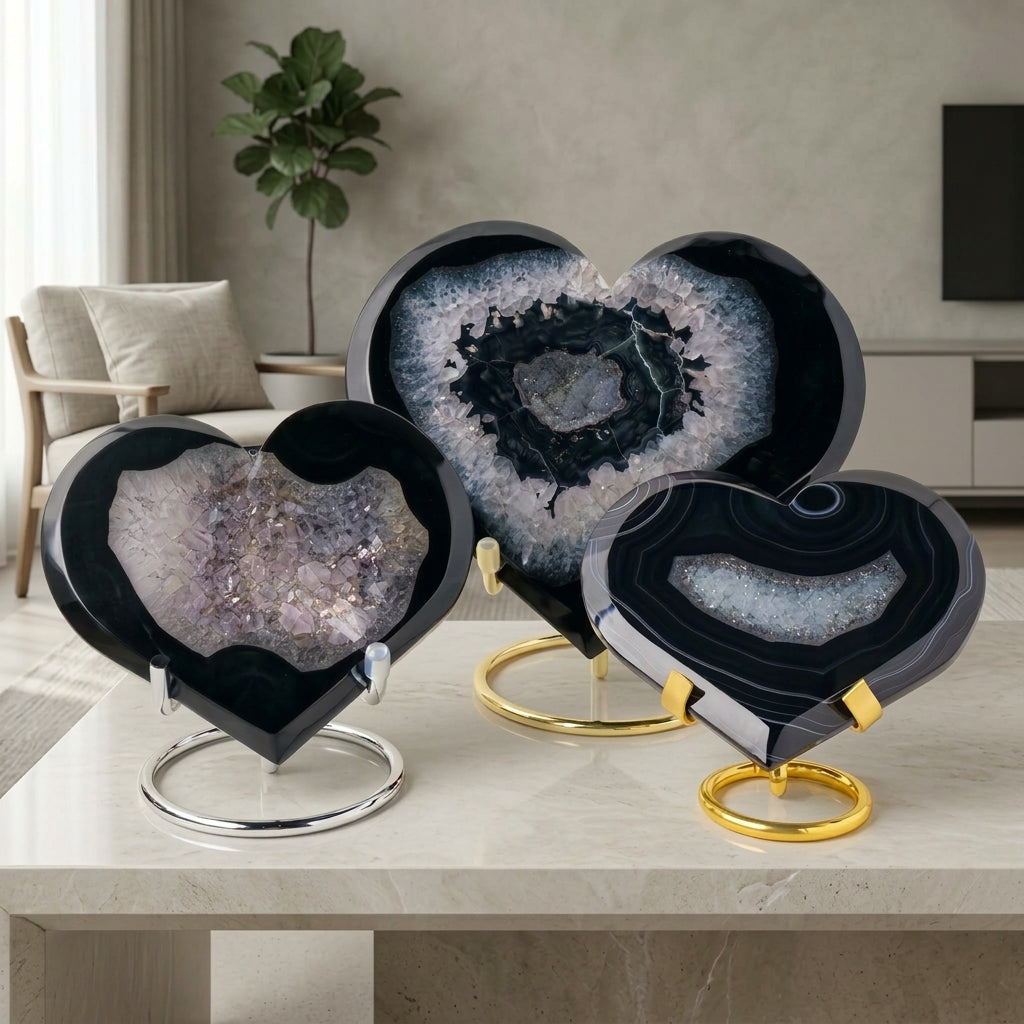 Black Agate Geode Heart | Natural Crystal Decor