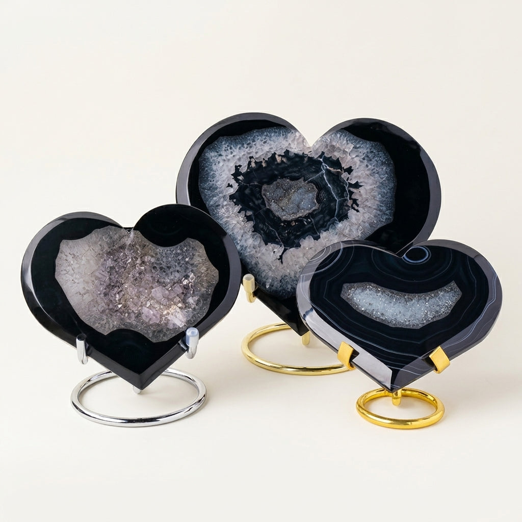 Black Agate Geode Heart | Natural Crystal Decor
