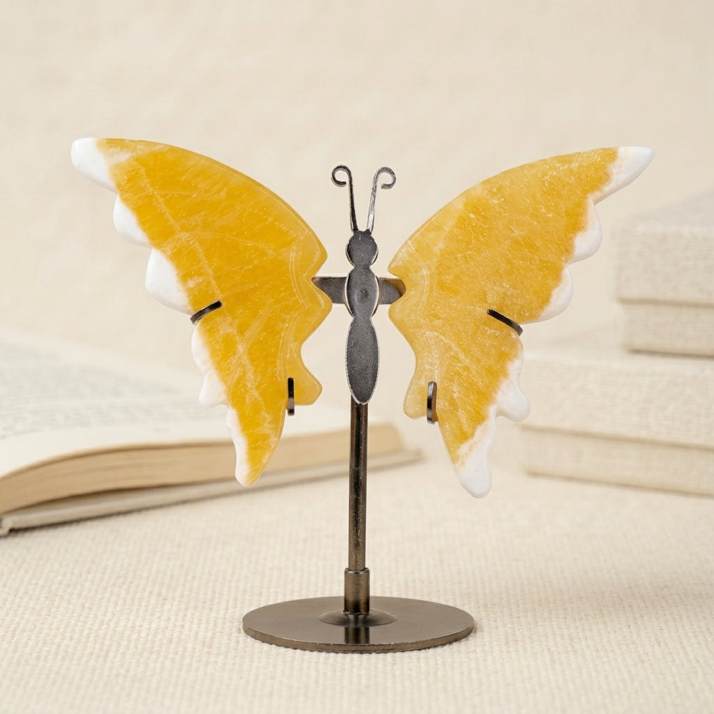 Yellow Calcite Butterfly Sculpture | Cut from Raw Crystal