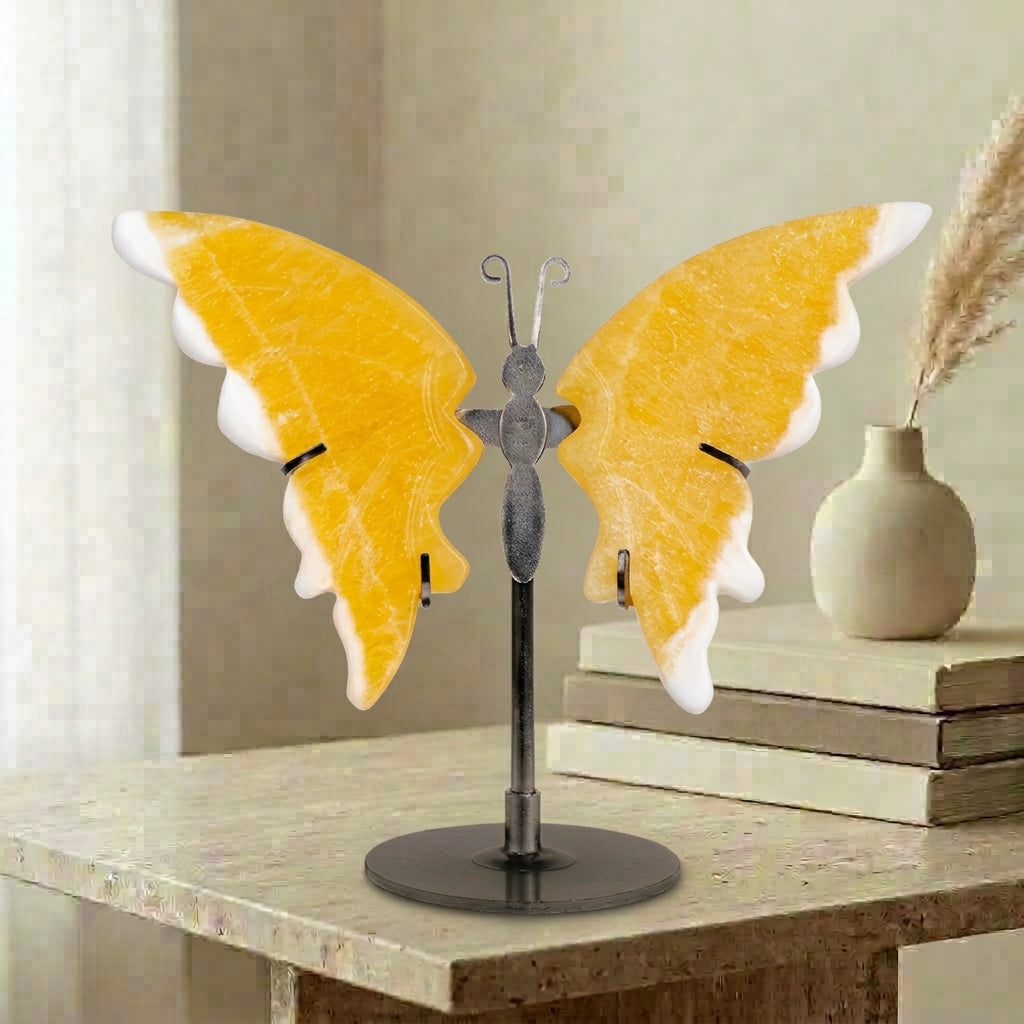 Yellow Calcite Butterfly Sculpture | Cut from Raw Crystal