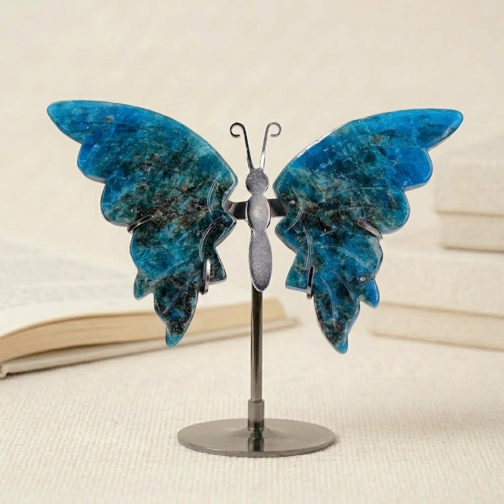 Blue Apatite Butterfly Sculpture | Cut from Raw Crystal