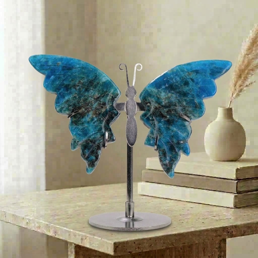 Blue Apatite Butterfly Sculpture | Cut from Raw Crystal