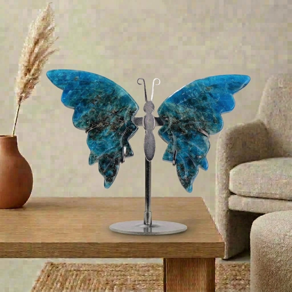 Blue Apatite Butterfly Sculpture | Cut from Raw Crystal