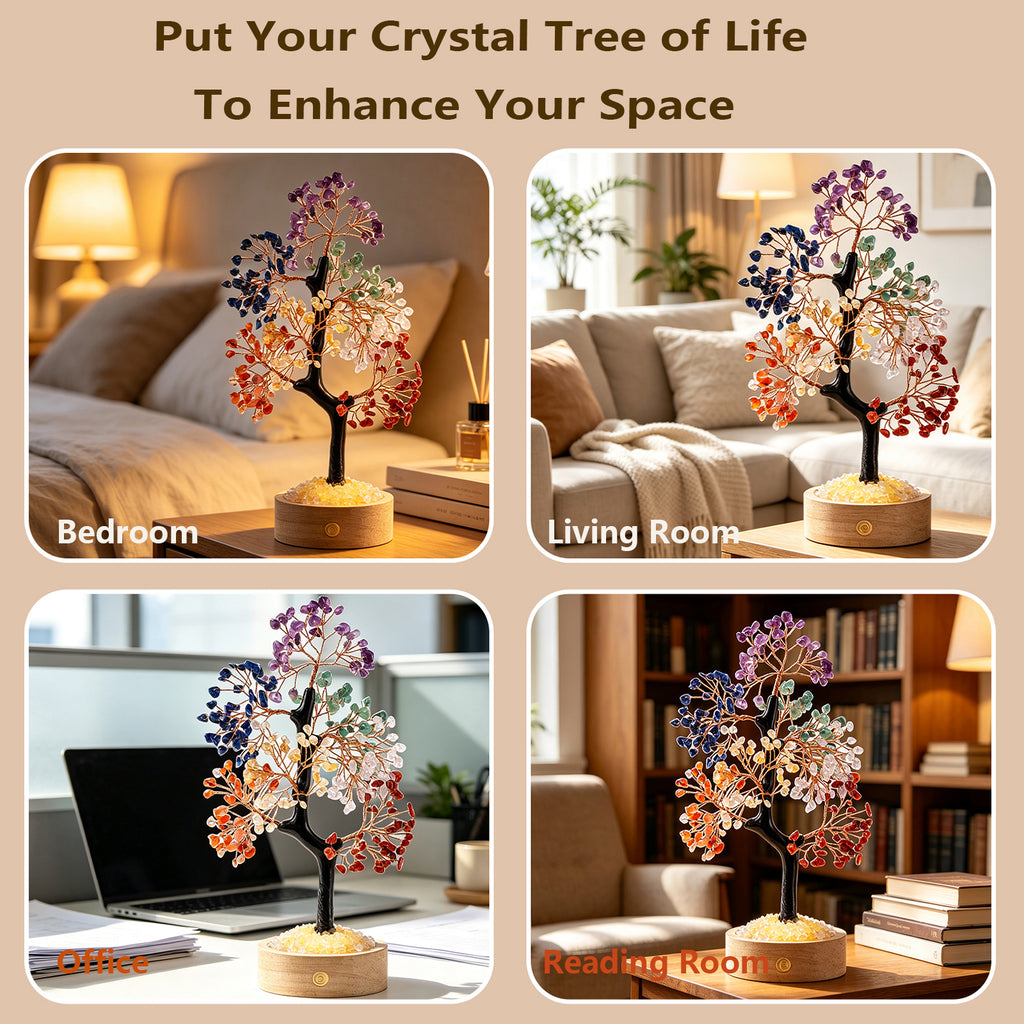 Illuminated 7 Chakra Crystal Tree + FREE 7 Chakra Bracelet | LED Light | Wealth & Healing